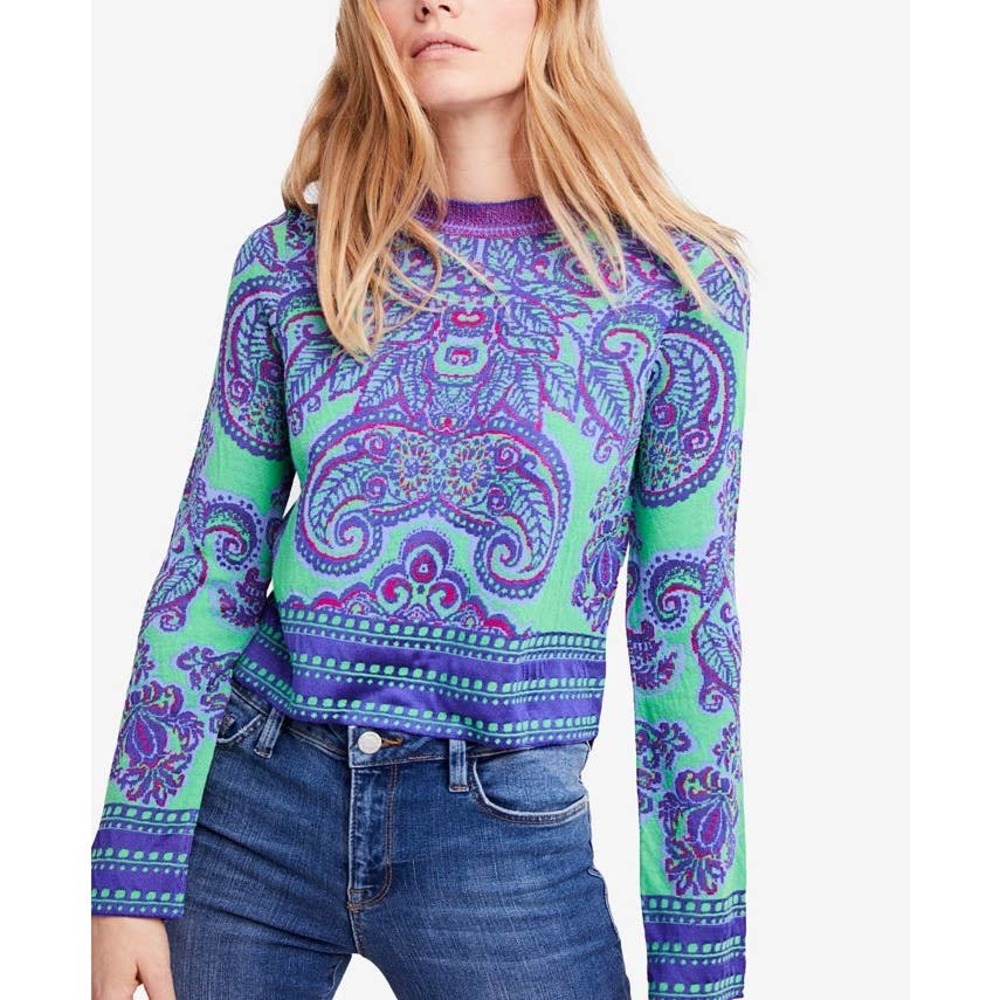 Free People New Age Crewneck Sweater Green Paisley Size L - Picture 4 of 13